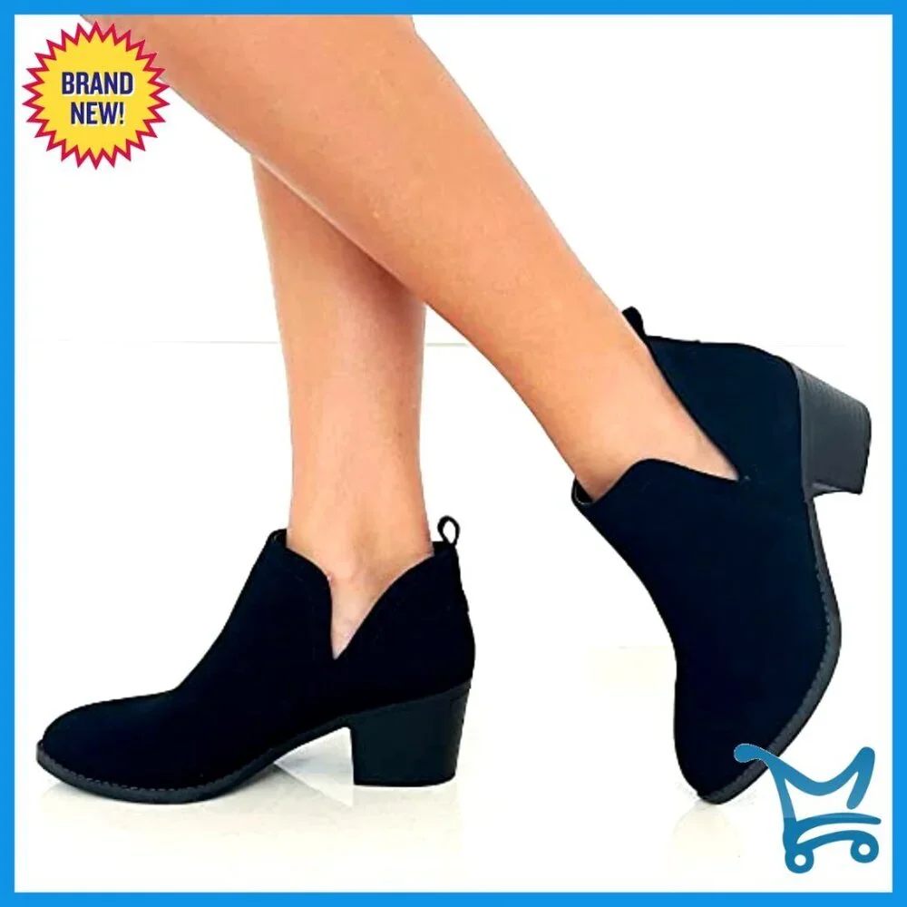 Chunky Low Heel Ankle Boots Slip On Chelsea Square Toe Comfortable Booties